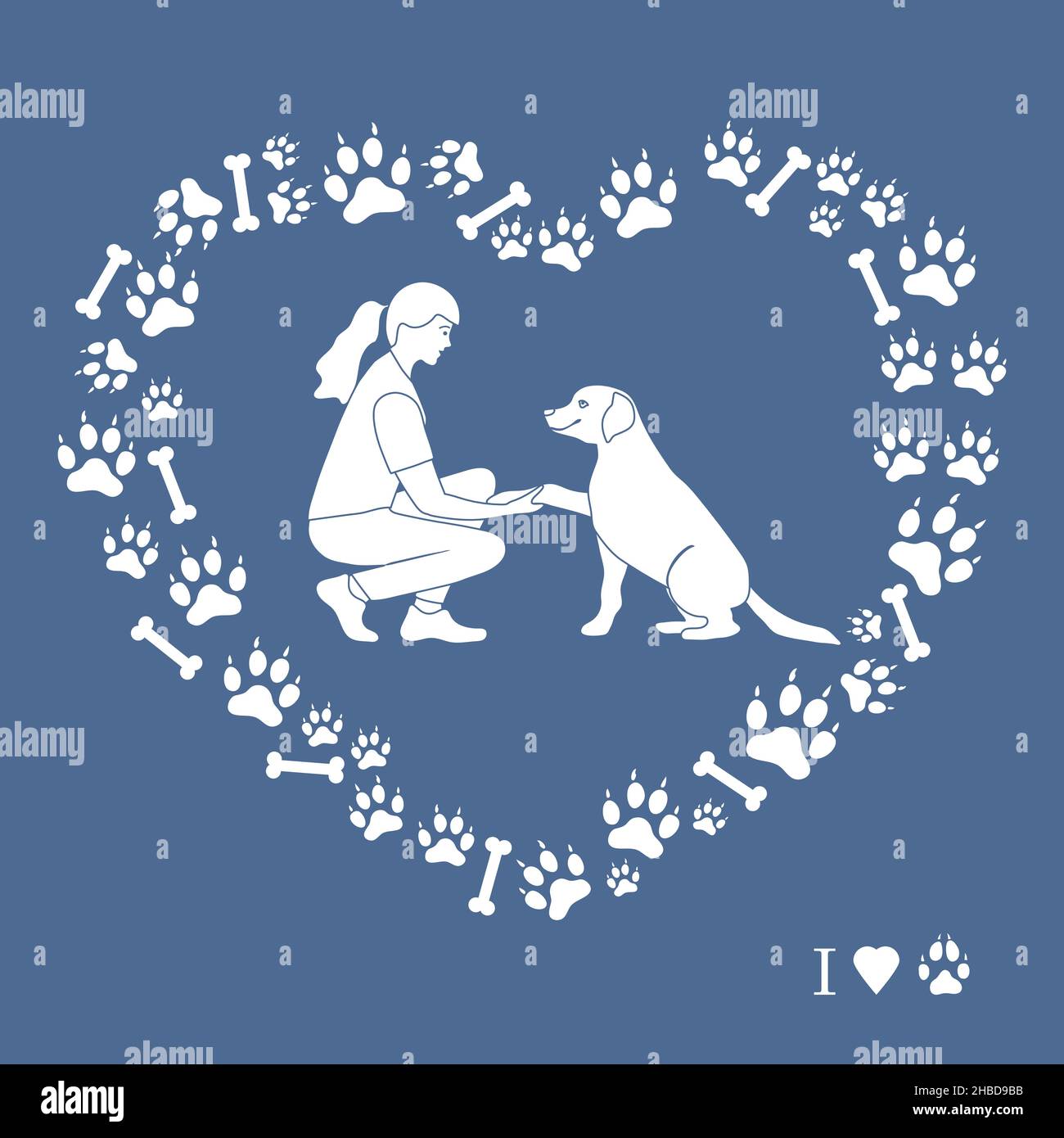 Vector illustration Woman and labrador playing together Dog gives paw ...