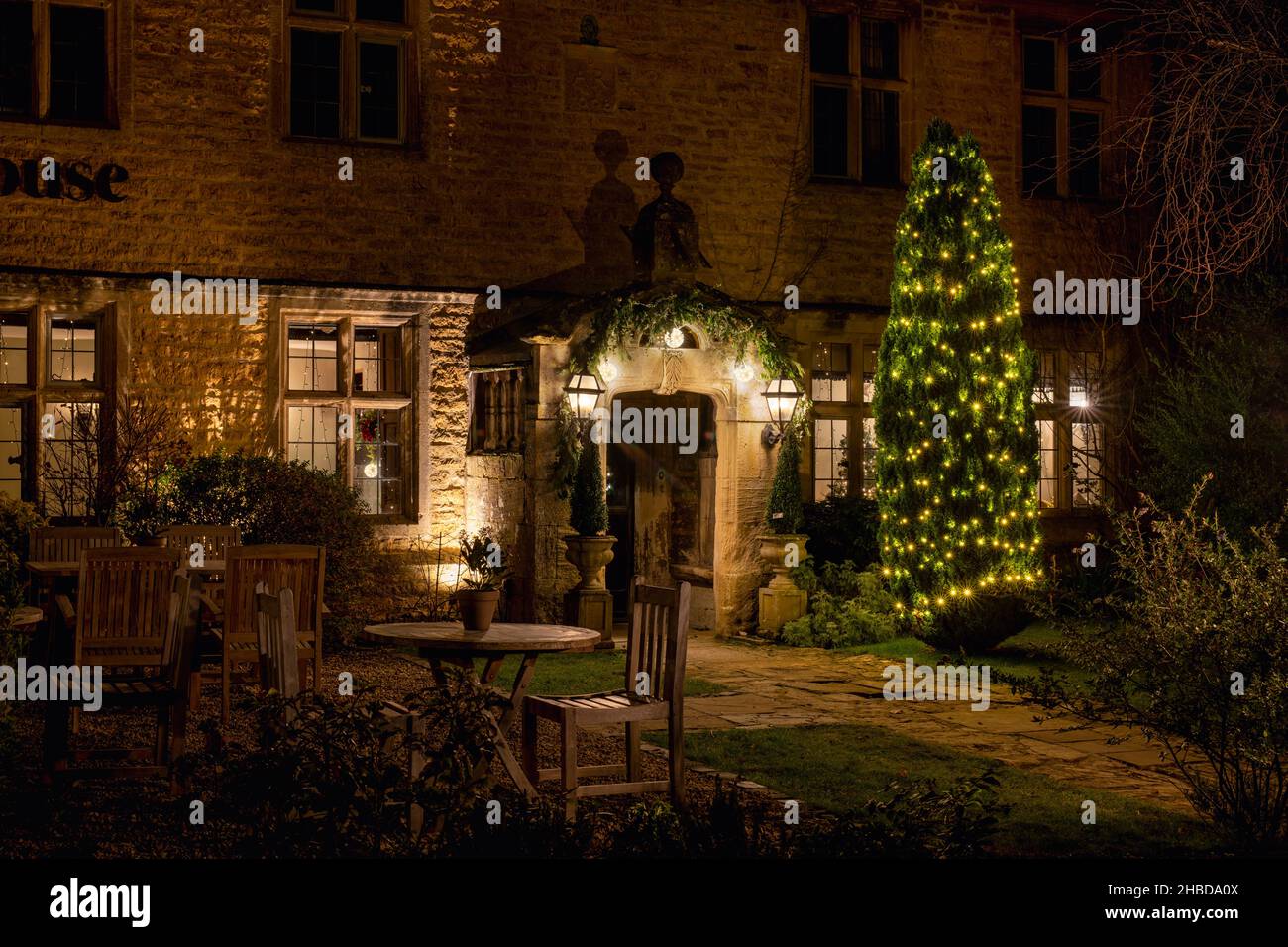 The Dial House Hotel on a christmas night. Bourton on the Water, Cotswolds, Gloucestershire