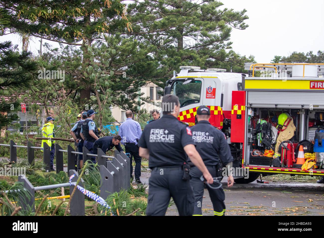 Narrabeen, Sydney, Australia. 19th Dec, 2021. Freak storm brought down trees and power lines on Sydney's northern beaches, one lady has died and others are critical, emergency services attended and plain clothes personnel at the scene of the fallen tree that killed a lady near Narrabeen Surf Club. Credit: martin berry/Alamy Live News Stock Photo