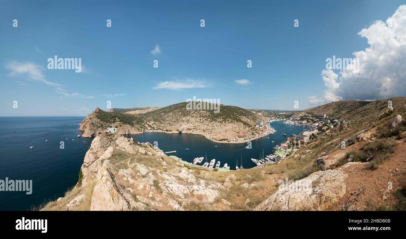 The wide angle panoramic view from ruins of ancient Genoese fortress on ...