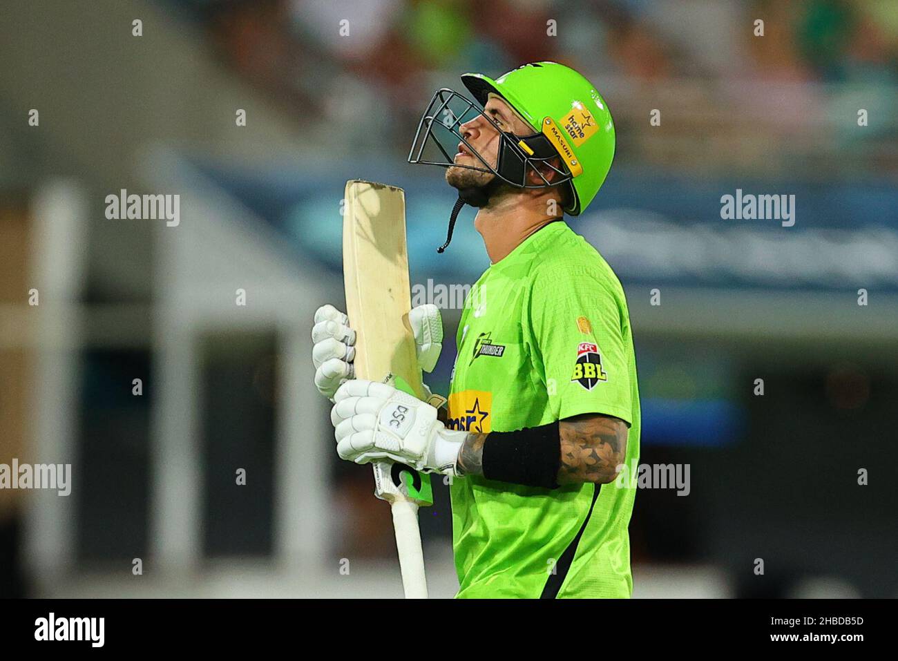 Brisbane, Australia. 19th Dec, 2021. Alex Hales of the Sydney Thunder exits the field looking detected, after being caught by Ben Duckett of the Brisbane Heat. Credit: News Images /Alamy Live News Stock Photo