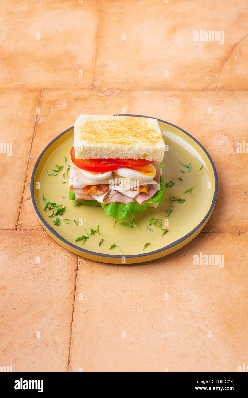 Big Club sandwich with ham, bacon, tomato, cucumber, cheese, eggs and herbs Stock Photo