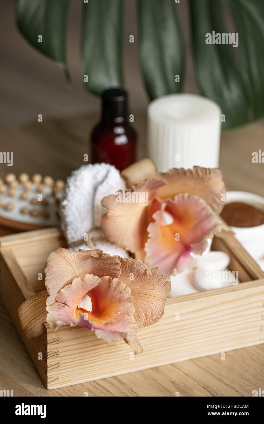 Spa composition with Thai orchid flowers and bath accessories. Stock Photo