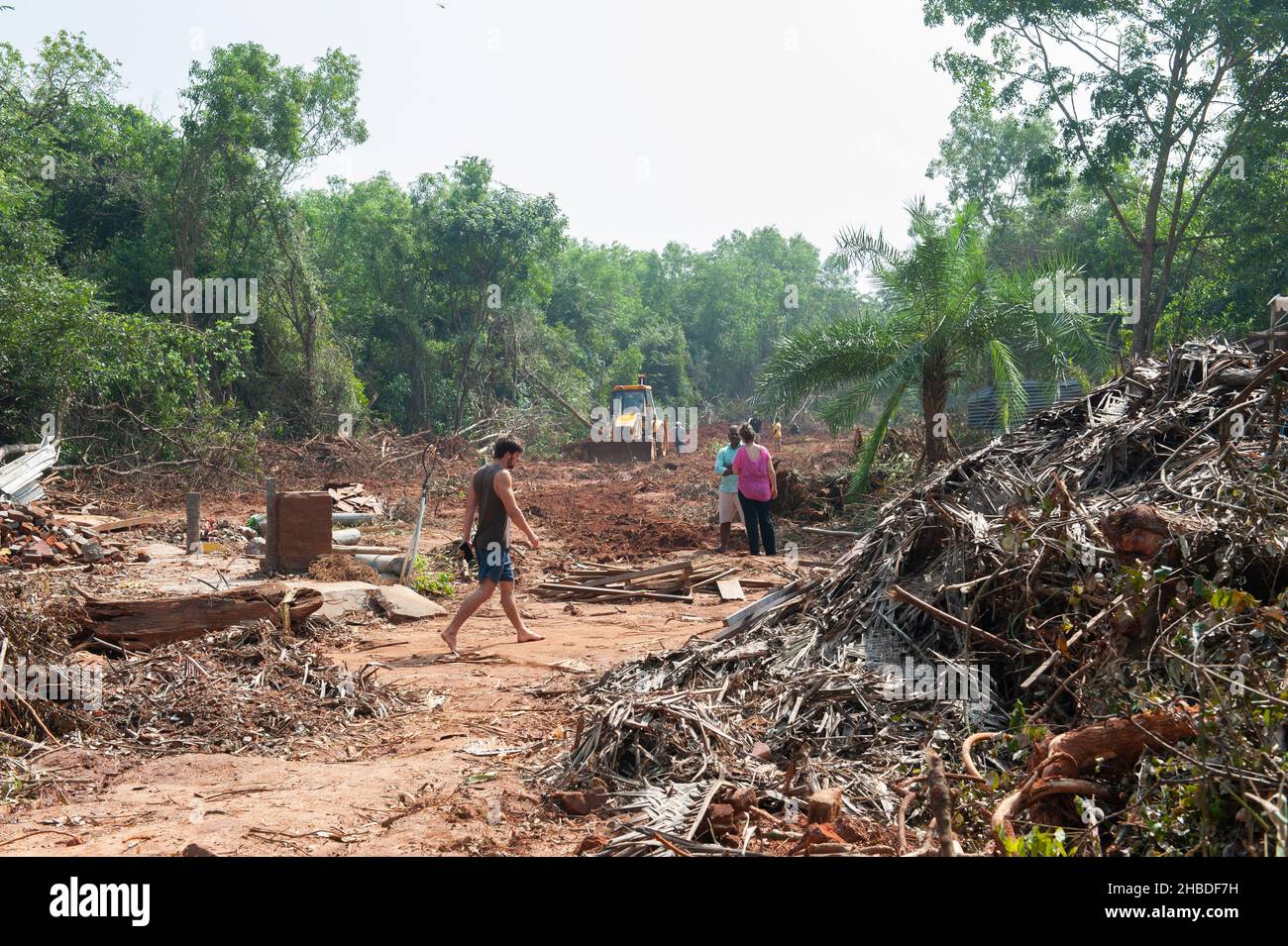 Auroville, India - 15th December 2021: The damage done by a rapid intervention of 3 JCB excavators in the Auroville forest. Stock Photo