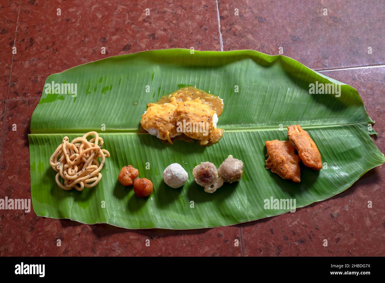 Traditional Dish Served On Banana Leaf On Indian Festival Day. It Is 