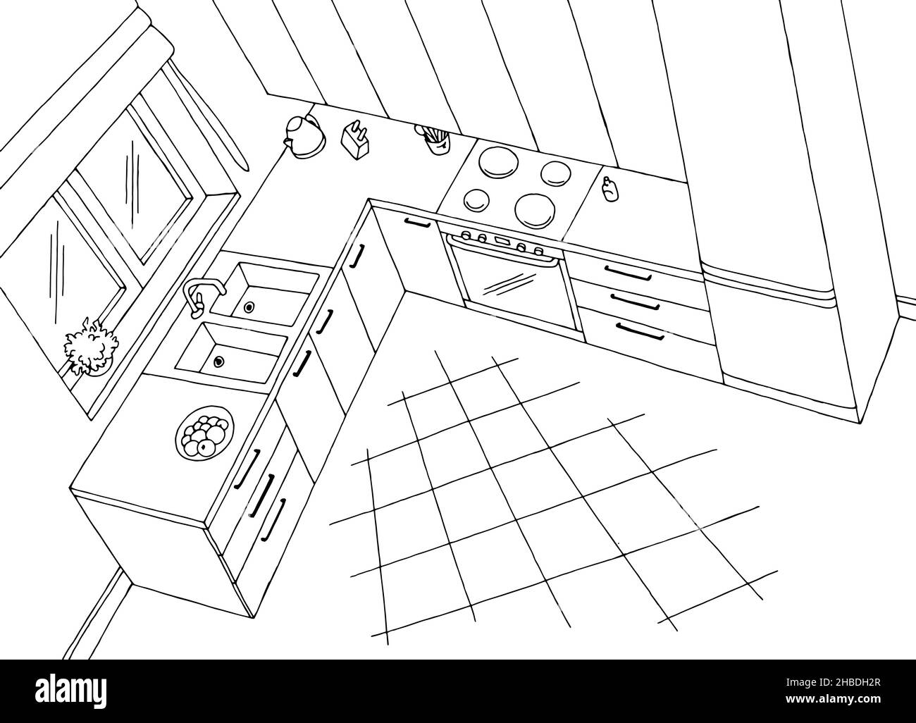 Kitchen room interior top view from above aerial black white graphic sketch illustration vector Stock Vector
