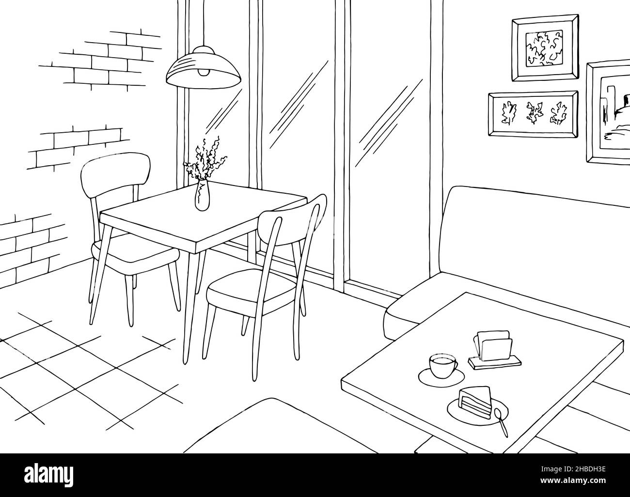 Cafe interior graphic black white sketch illustration vector Stock Vector
