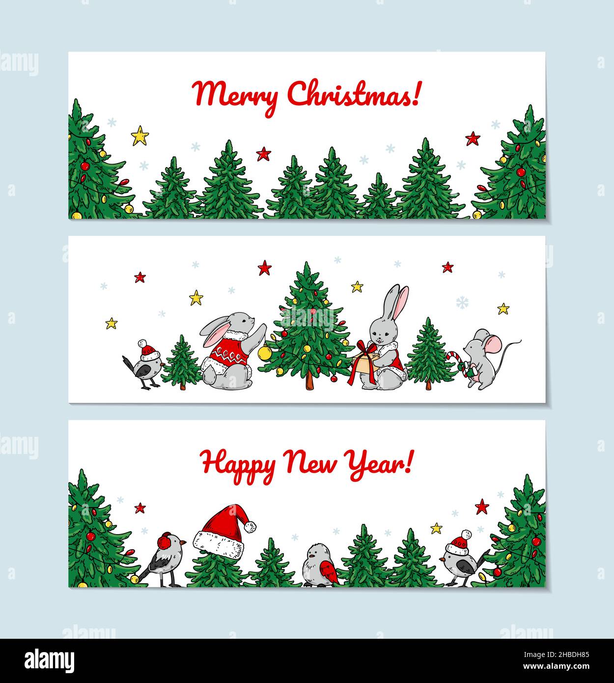 Set of horizontal Merry Christmas and Happy New Year greeting cards ...