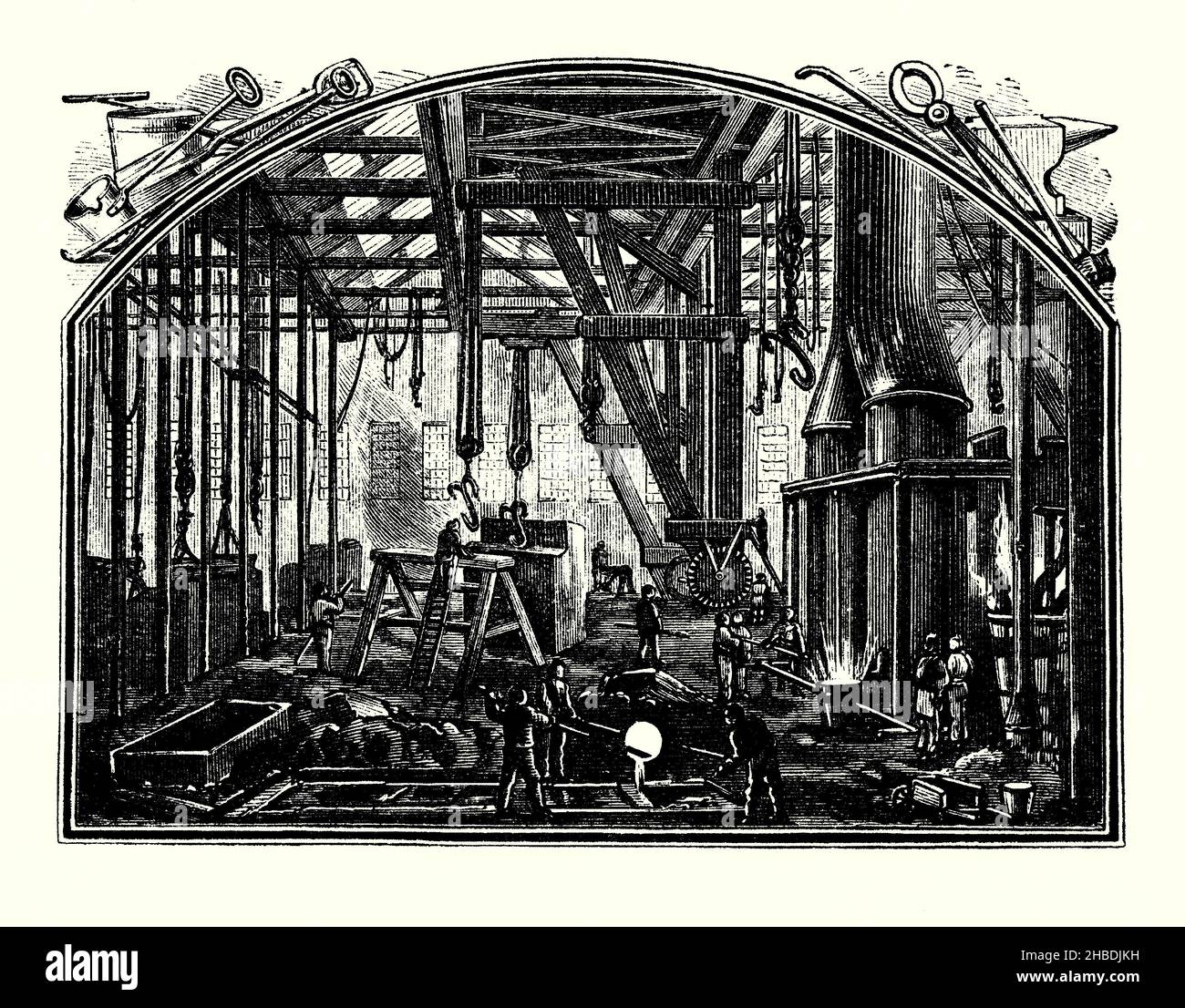 An engraving of an old Victorian metal foundry. Shown right are the furnaces for melting metal and foreground workers pour molten metal into moulds. Hand-cranked cranes and hoists are clearly visible. It is from a Victorian book of the 1890s on discoveries and inventions during the 1800s. A foundry is a factory or workshop that produces metal castings. Metals are cast into shapes by melting them in a furnace into a liquid, pouring the metal into a mould, and removing the mould material after the cooled metal has solidified leaving the cast metal in the required shape or design. Stock Photo