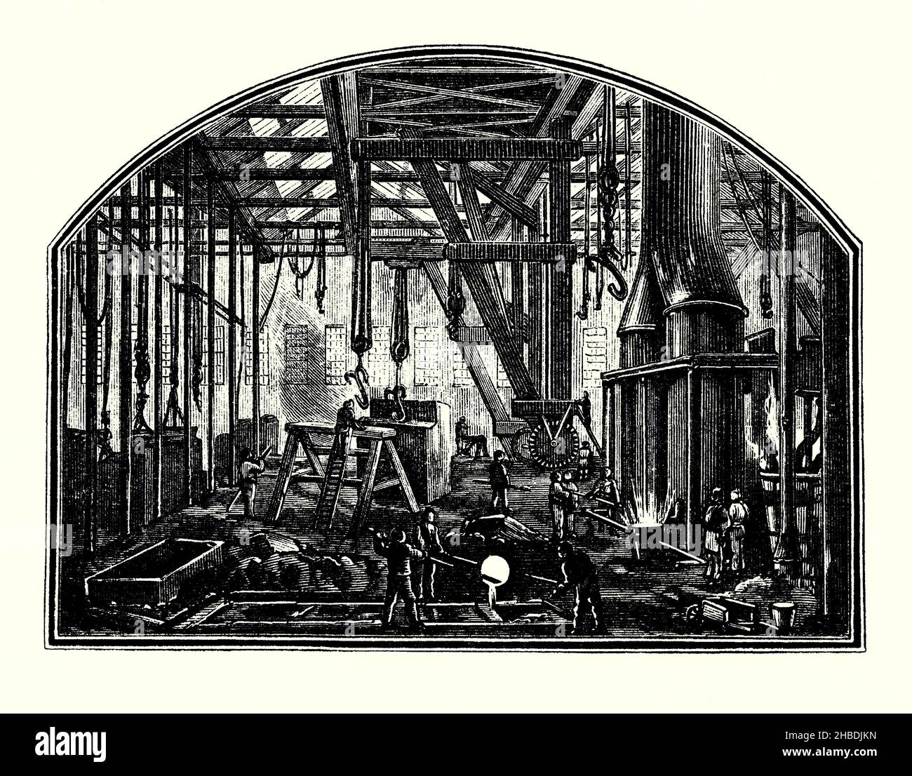 An engraving of an old Victorian metal foundry. Shown right are the furnaces for melting metal and foreground workers pour molten metal into moulds. Hand-cranked cranes and hoists are clearly visible. It is from a Victorian book of the 1890s on discoveries and inventions during the 1800s. A foundry is a factory or workshop that produces metal castings. Metals are cast into shapes by melting them in a furnace into a liquid, pouring the metal into a mould, and removing the mould material after the cooled metal has solidified leaving the cast metal in the required shape or design. Stock Photo
