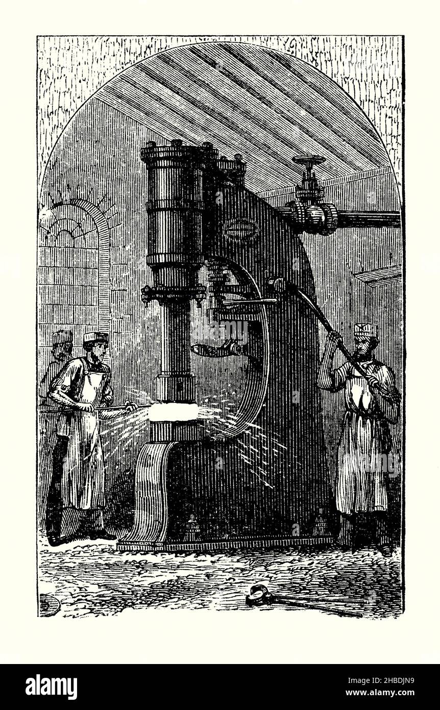 An old engraving of a Nasmyth Steam Hammer of the mid-1800s. It is from a Victorian book of the 1890s on discoveries and inventions during the 1800s. A steam hammer, also called a drop hammer, is an industrial power hammer driven by steam that is used for tasks such as shaping forgings and driving piles. Usually the hammer is attached to a piston that slides within a cylinder. The concept of the steam hammer was described by James Watt in 1784, but it was not until 1840 that the first working steam hammer was built by James Nasmyth. Stock Photo
