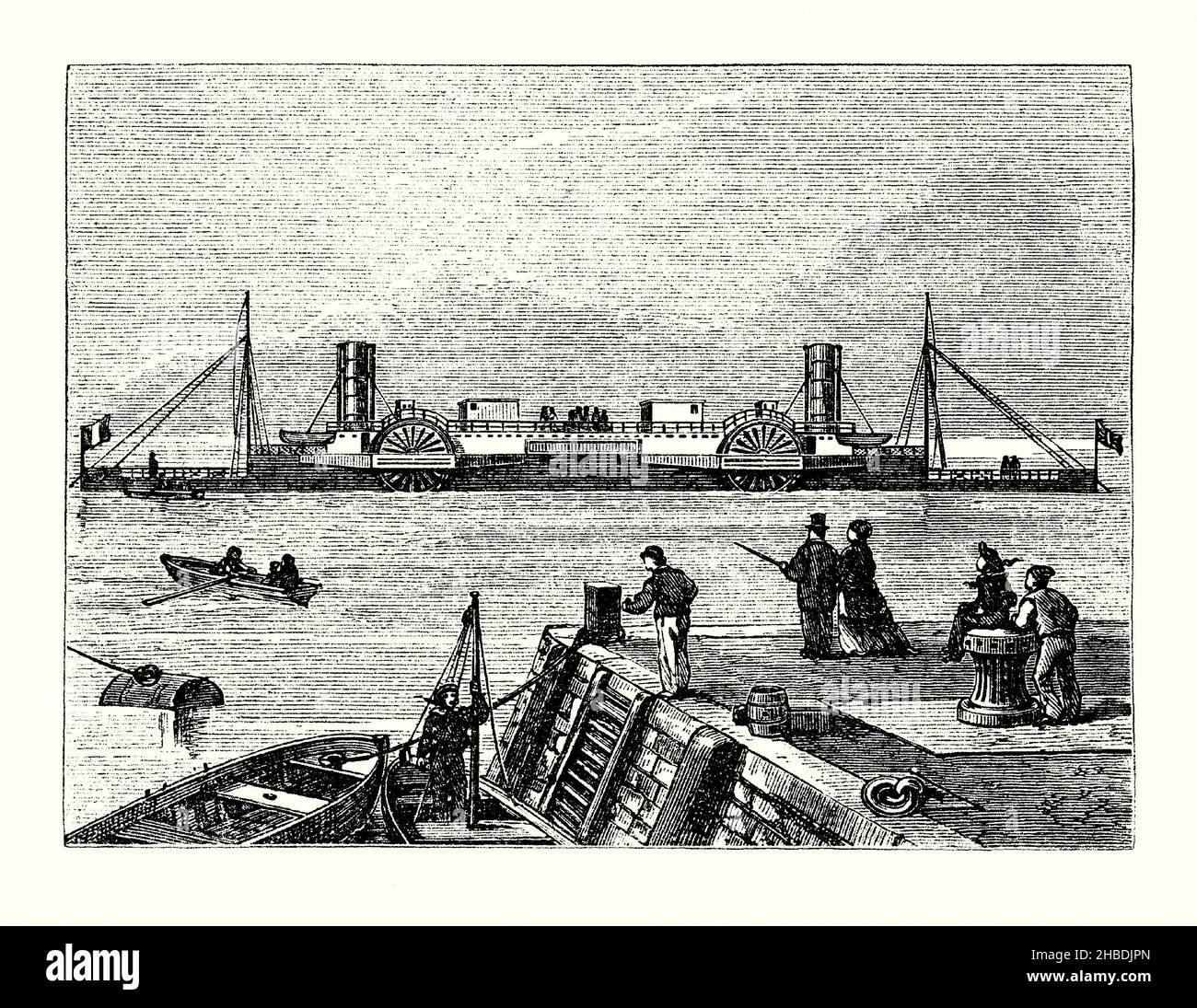 An old engraving of the unusual cross-channel 4-paddle steamer SS Bessemer in the 1870s. It is from a book of the 1890s on discoveries and inventions during the 1800s. The SS Bessemer (Bessemer Saloon) was an experimental cross-Channel ferry with a swinging cabin, devised by Henry Bessemer, to combat seasickness. The ‘Saloon’ was kept horizontal mechanically by means of gimbals to isolate passengers from the ship's motion. The first and only public voyage took place in 1875, the ship sailing with the swinging cabin locked. The ship was sold for scrap in 1879. Stock Photo