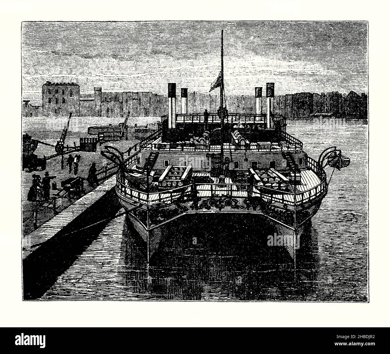 An old engraving of the unusual twin-hulled, cross-channel ship PS Castalia, Dover Harbour, Kent, England, UK in the 1870s. It is from a book of the 1890s on discoveries and inventions during the 1800s. Castalia was a paddle steamer built in 1874 by the Thames Ironworks and Shipbuilding Company, Leamouth, London for the English Channel Steamship Company. On arrival at Dover, large crowds came to see the novel ship. Castalia entered into regular service on 5 August 1875. Her lack of speed meant that she was not a financial success. Stock Photo