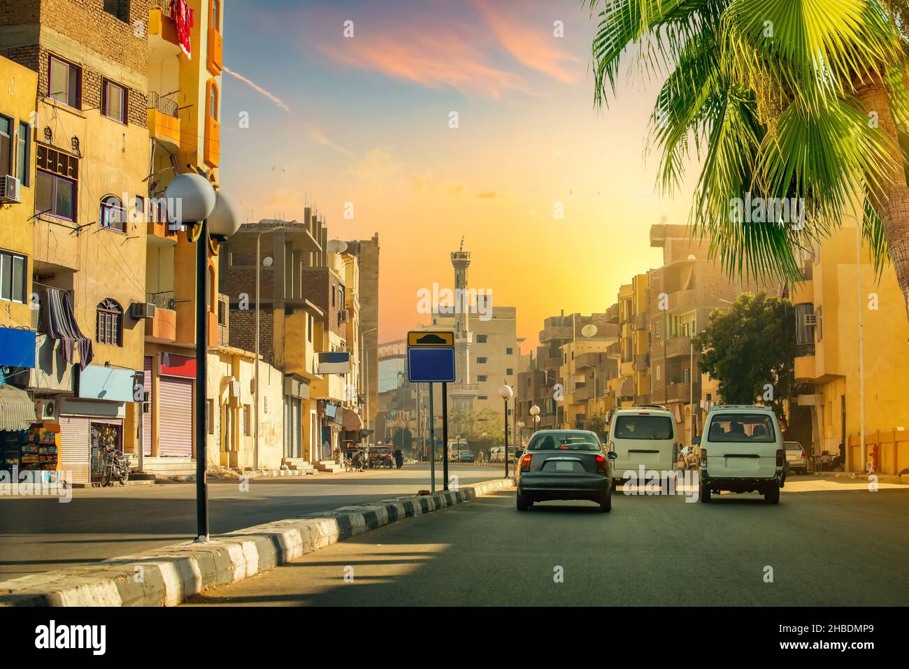 Road and street of Luxor town at sunset Stock Photo