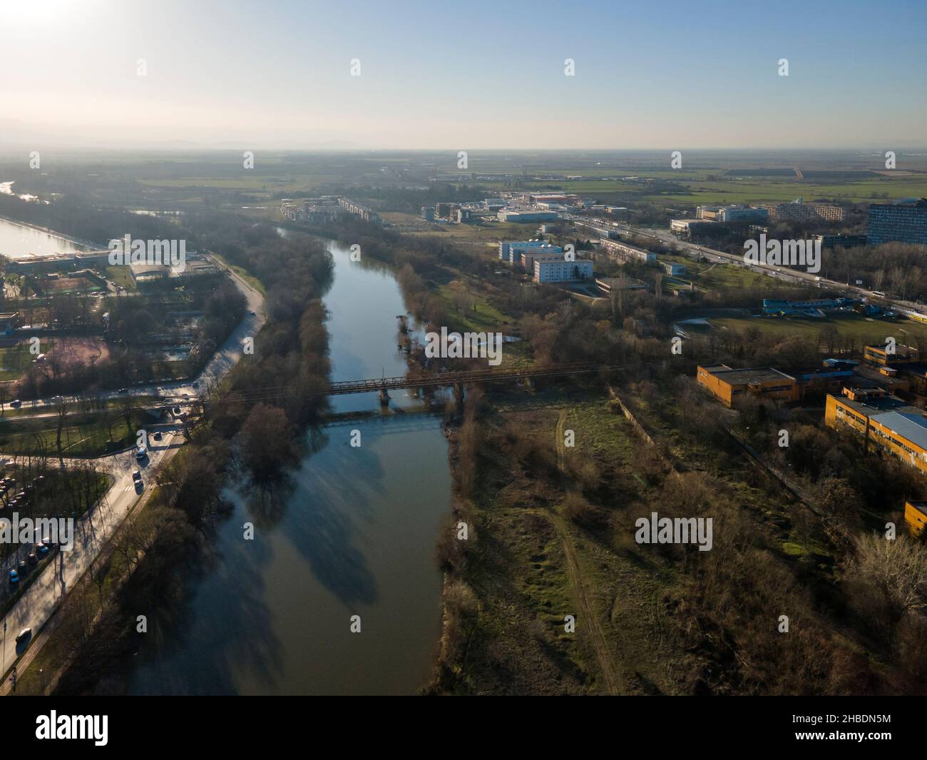 Amazing Aerial view of Maritsa river and panorama to City of Plovdiv ...