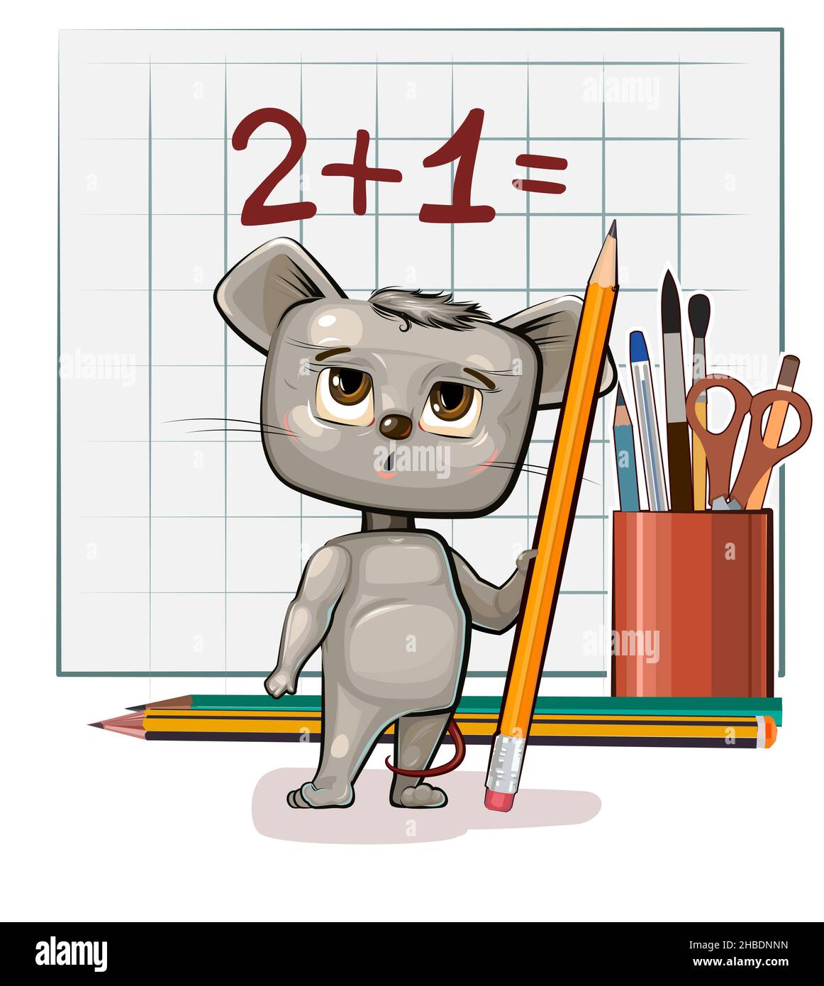 Cute Mouse baby is trying to count. Studying numbers and counting. Funny animal kid. Stationery and pencil. Writes in notebook. Mathematics illustrati Stock Vector