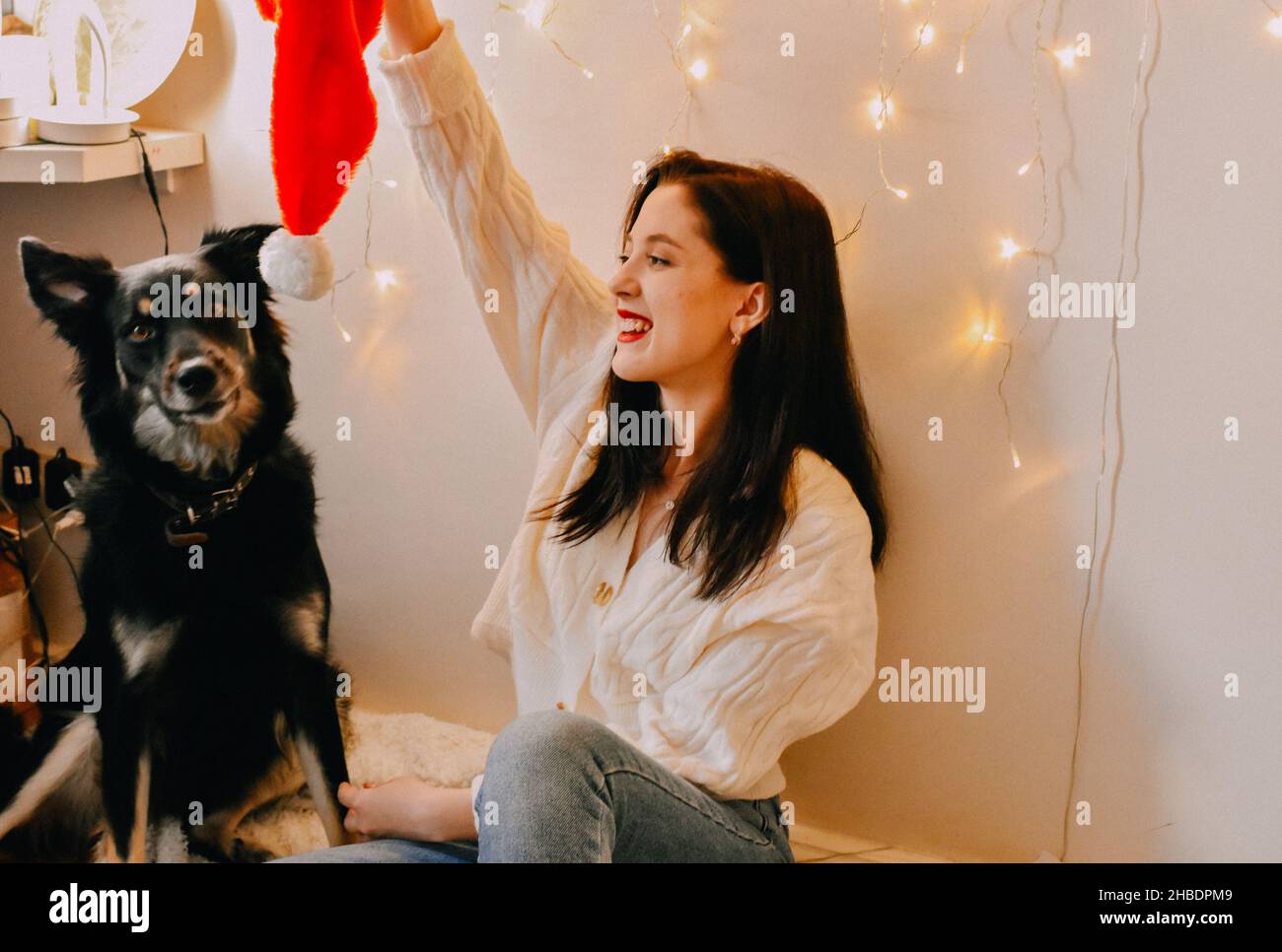 A shot of a Caucasian girl playing with her dog with Santa hat and Christmas lights on the wall Stock Photo