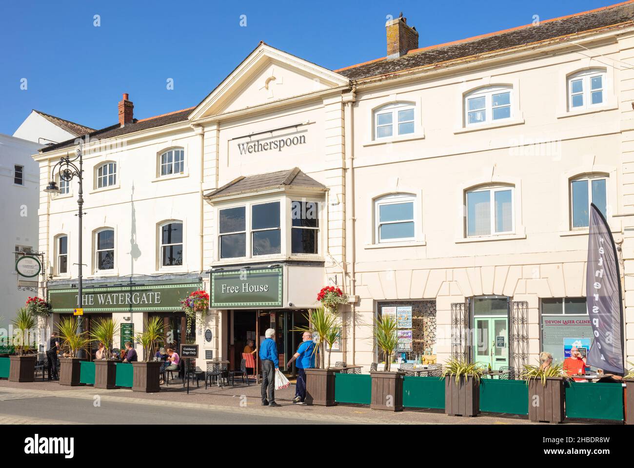 Outside area of a Wetherspoons pub The Water Gate on The Strand in