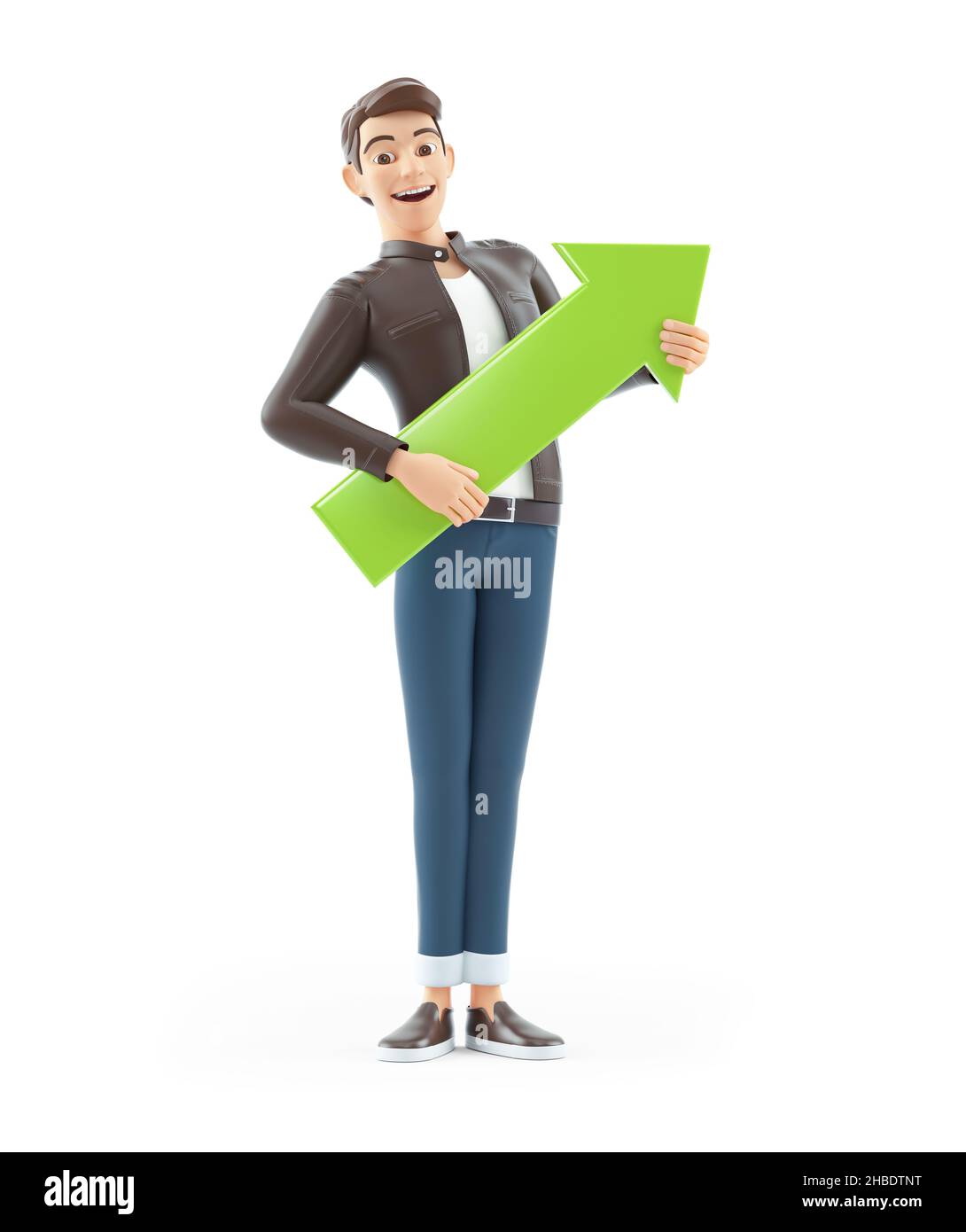 3d cartoon man holding green arrow up, illustration isolated on white ...
