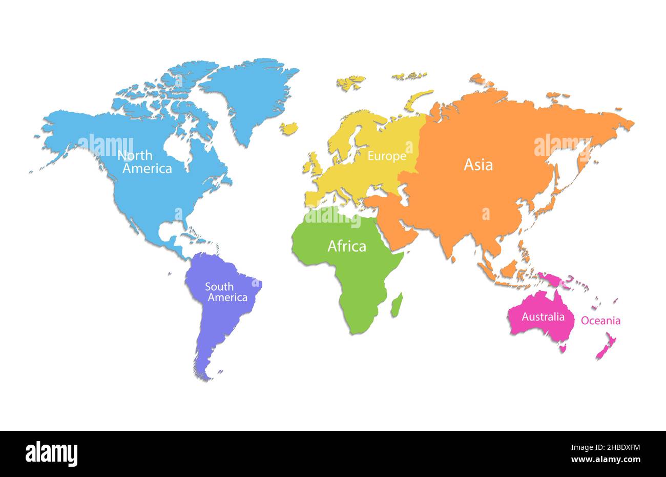 World map and continents, color map isolated on white background vector ...