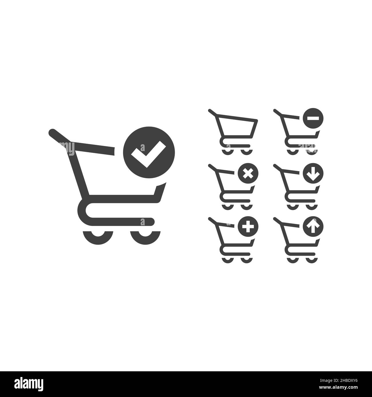 Shopping cart with checkmark, arrows icon set. Filled black vector