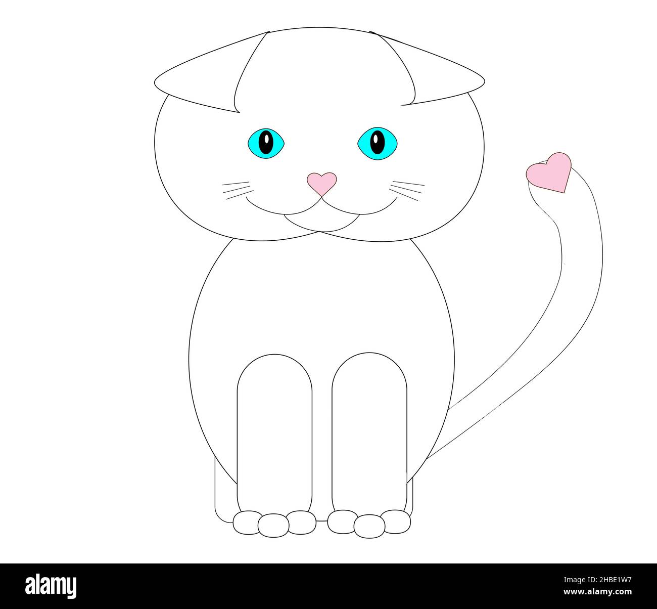 alone cute fold scottish white cat with a heart on the tail and nose on a white background, vector image Stock Vector