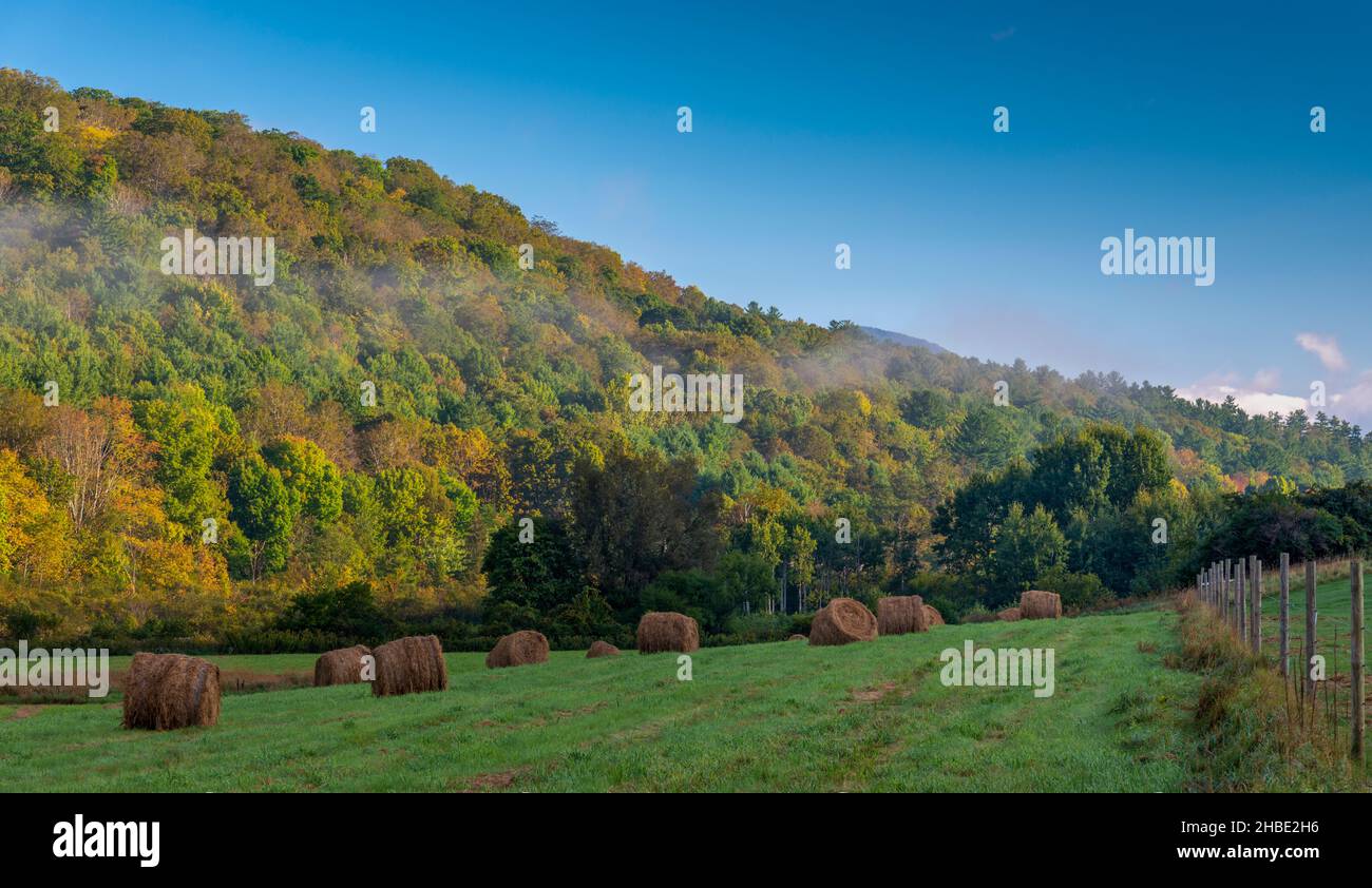 Morning scene of bales of hay with a Taconic mountain side backdrop in southern Vermont. Stock Photo