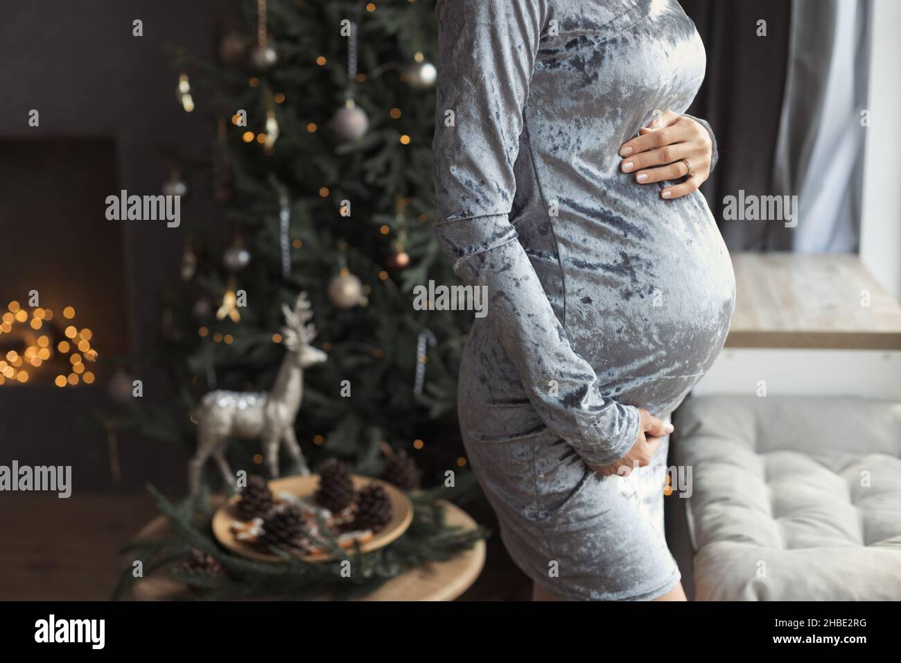 Faceless womans pregnant belly in velvet grey evening dress closeup in cozy home interior on Christmas tree background Stock Photo