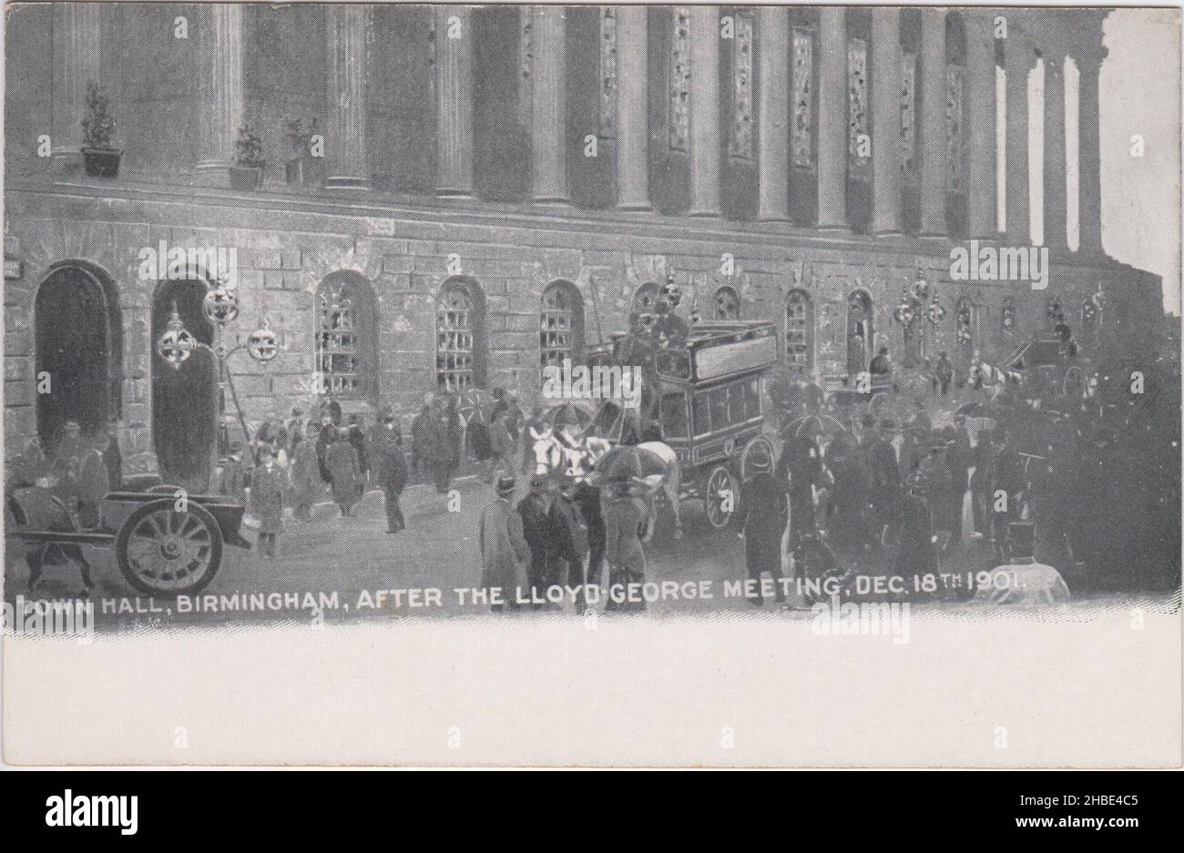 'Town Hall, Birmingham, after the Lloyd George meeting, Dec. 18th 1901': postcard showing the smashed windows of Birmingham Town Hall after a mob attacked an anti-war meeting held there during the Boer War. One man was killed during the Victoria Square riot and David Lloyd George, the key speaker, had to be smuggled out wearing a policeman's uniform to reduce the danger to his life Stock Photo