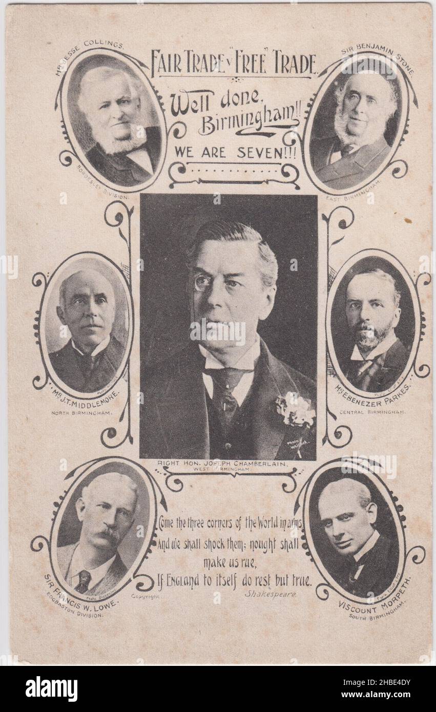 'Fair Trade v Free Trade. Well done, Birmingham!! We are seven!!!': portraits of tariff reform supporting Members of Parliament elected to represent Birmingham in 1906: Joseph Chamberlain, Jesse Collings, Sir Benjamin Stone, J.T. Middlemore, Ebenezer Parkes, Sir Francis W. Lowe and Viscount Morpeth Stock Photo