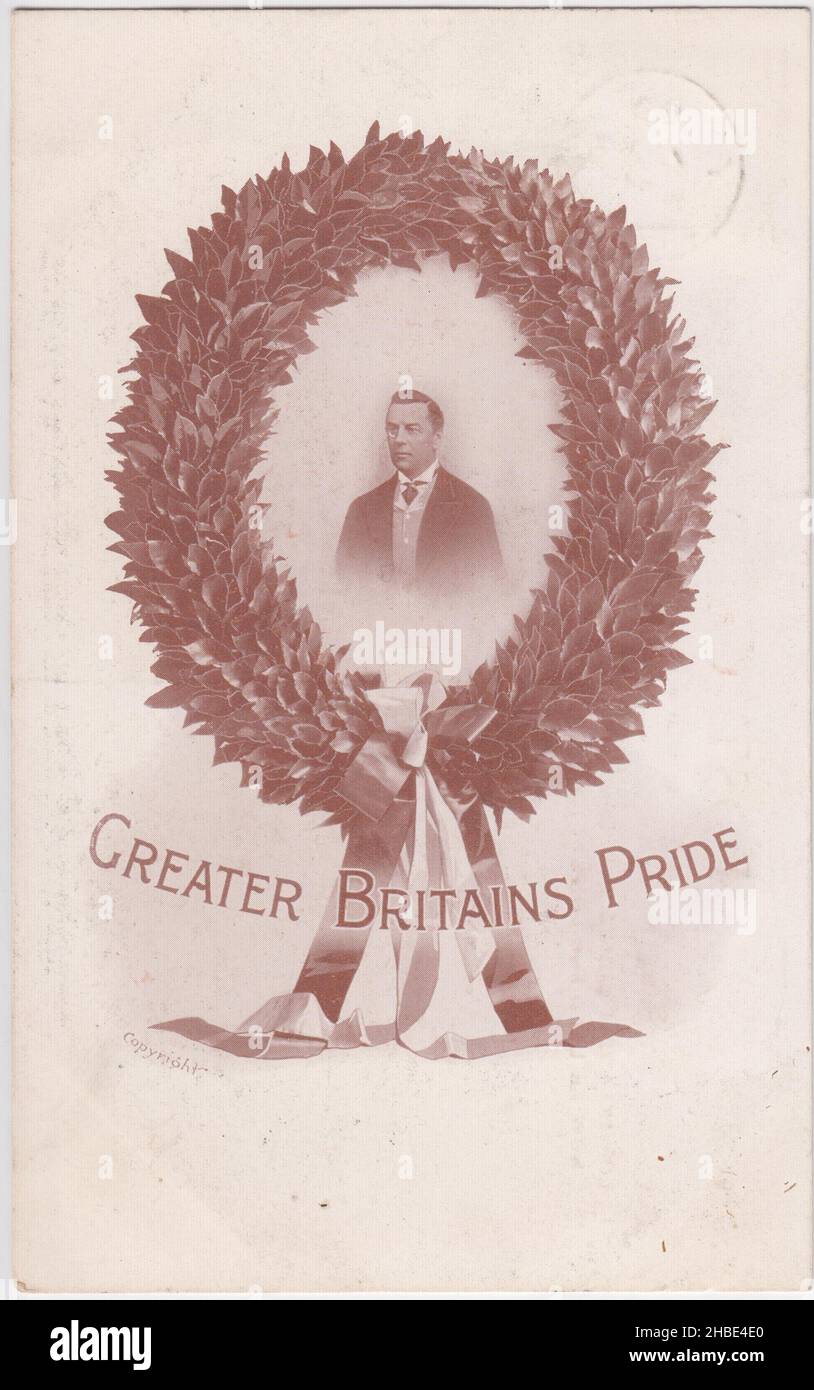 'Greater Britain's pride': portrait of the politician Joseph Chamberlain surrounded by a laurel wreath Stock Photo