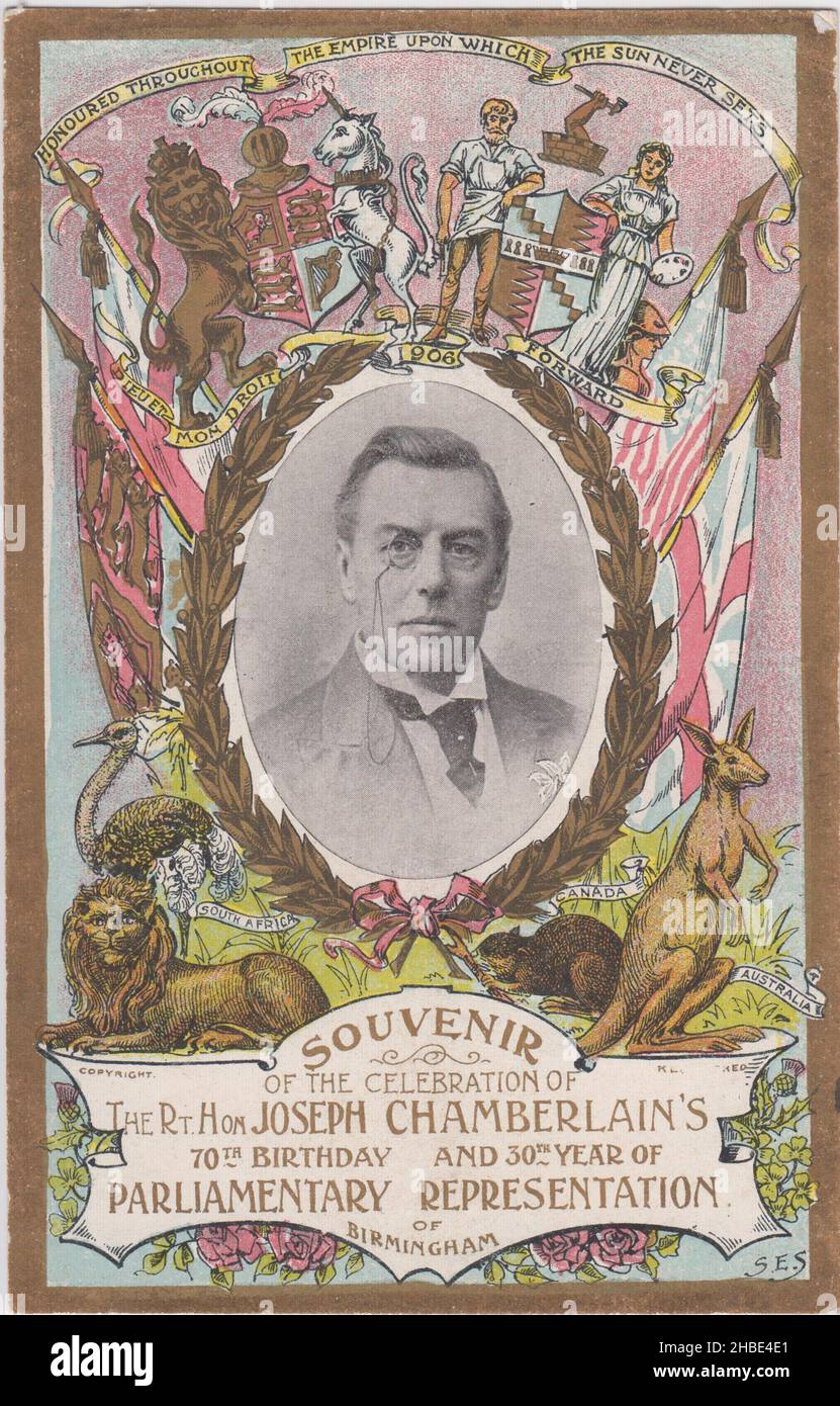 Souvenir of the celebration of the Rt. Hon. Joseph Chamberlain's 70th birthday and 30th year of parliamentary representation of Birmingham in 1906. The colour souvenir includes a photograph of Chamberlain surrounded by a laurel wreath. Flags, heraldic symbols and animals are also shown, representing Britain and its Empire (including South Africa, Canada and Australia) Stock Photo
