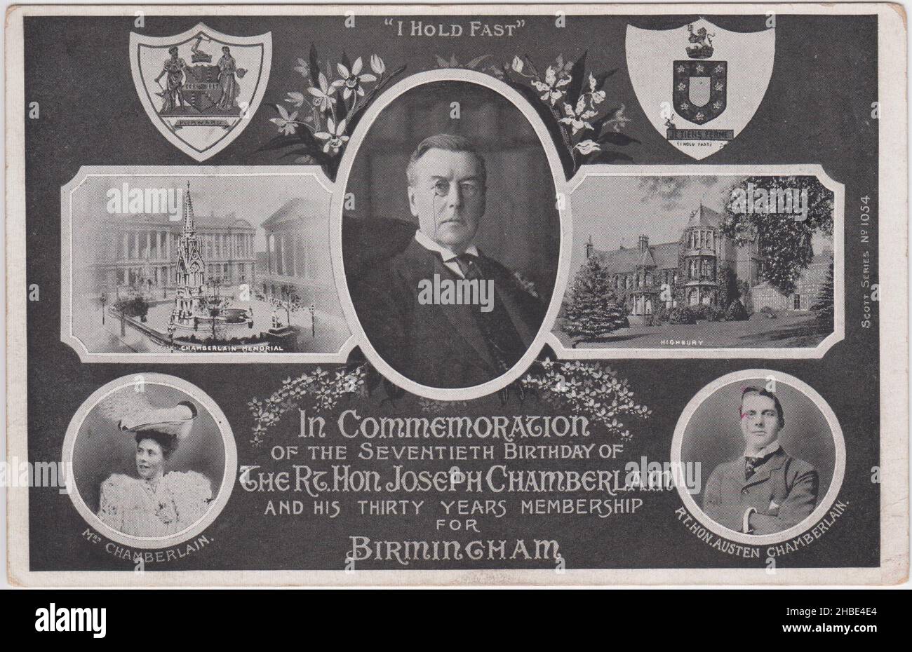 Postcard issued in commemoration of the 70th birthday of the Rt. Hon. Joseph Chamberlain and his thirty years membership for Birmingham in 1906. It includes portraits of Joseph Chamberlain, his third wife Mary Crowninshield Chamberlain (nee Endicott) and his son Austen Chamberlain. It also includes photographs of the Chamberlain Memorial, Birmingham, and the family home at Highbury Hall Stock Photo