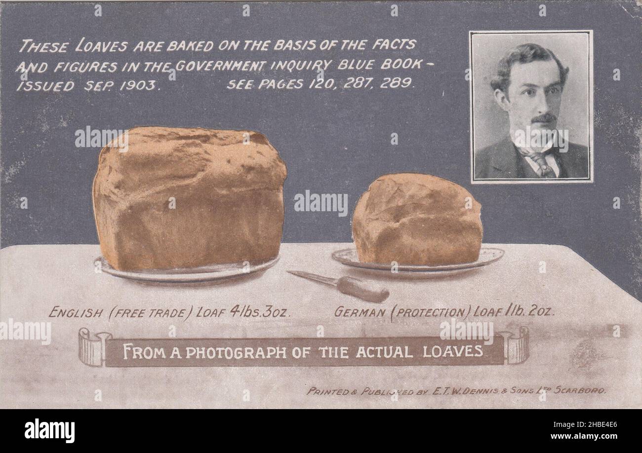 Election postcard for Noel Buxton, Liberal and free trade candidate for Whitby in the 1906 general election (Buxton narrowly lost to the Conservative candidate Gervase Beckett). The main image is of a pair of loaves - a reference to a much publicised speech made by protectionist politician Joseph Chamberlain at Bingley Hall, Birmingham. A portrait of Noel Buxton is included in the top right corner Stock Photo
