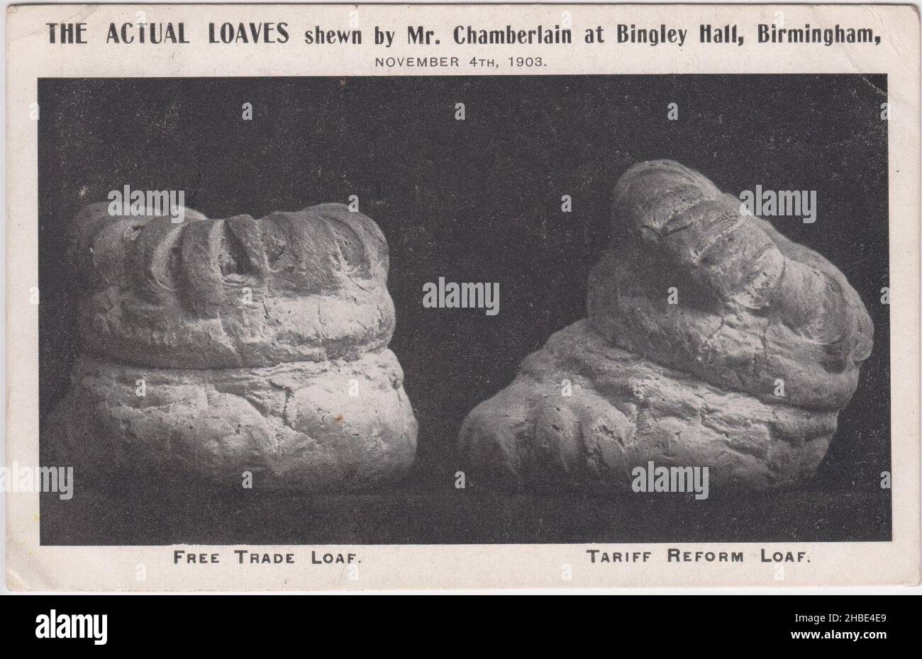 Photograph of two cottage loaf style loaves of bread. It refers to a stunt by politician Joseph Chamberlain at a 1903 political meeting at Bingley Hall, Birmingham - in response to an article in the pro-Liberal 'Daily News' which had stated that a 'tariff reform' loaf would be smaller due to increased costs of protectionism, Chamberlain displayed a 'tariff reform' & 'free trade' loaf & asked the audience if they could tell which was the smaller. Chamberlain & the loaves became part of the iconography of the tariff reform campaign & addressed concern over food prices & cost of living Stock Photo