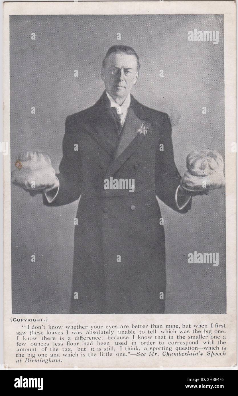 Photograph of politician Joseph Chamberlain holding two cottage loaf style loaves of bread. It refers to a stunt at a 1903 political meeting in Birmingham - in response to an article in the pro-Liberal 'Daily News' which had stated that a 'tariff reform' loaf would be smaller due to increased costs of protectionism, Chamberlain displayed a 'tariff reform' & 'free trade' loaf & asked the audience if they could tell which was the smaller. Chamberlain & the loaves became part of the iconography of the tariff reform campaign & addressed concern over food prices & cost of living Stock Photo