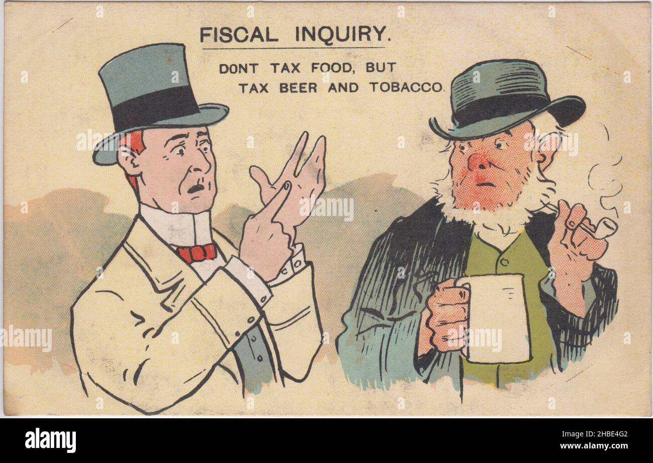 'Fiscal Inquiry. Don't tax food, but tax beer and tobacco': cartoon showing a man in a top hat telling his clay pipe smoking and beer drinking companion which commodities should be taxed. This was one of a series of postcards about the often bitter debate over economic policy in the first decade of the 20th century Stock Photo
