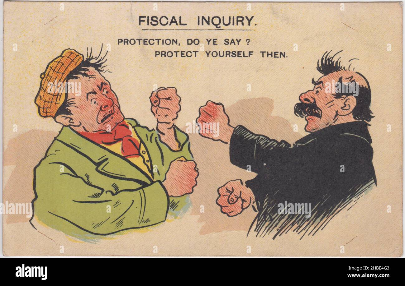 'Fiscal Inquiry. Protection, do ye say? Protect yourself then': cartoon showing two men squaring up for a fist fight. This was one of a series of postcards about the often bitter debate over economic policy in the first decade of the 20th century - whether to continue with the policy of free trade or to introduce economic tariffs or protectionism Stock Photo