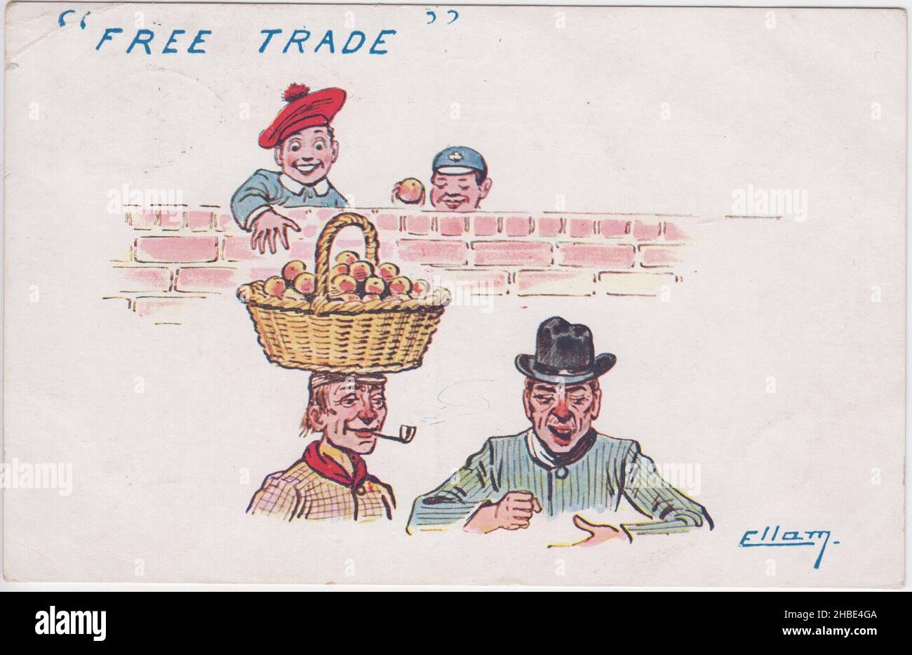 'Free Trade'. Cartoon showing two boys stealing apples from a basket on a rural labourer's head, whilst hiding behind a wall. The labourer is smoking a clay pipe & listening to a speech (or rant) by his friend. The postcard by William Henry Ellam (1858–1935) is one of a series in which he satirises the debate over free trade versus protectionism / tariff reform in the first decade of the 20th century Stock Photo
