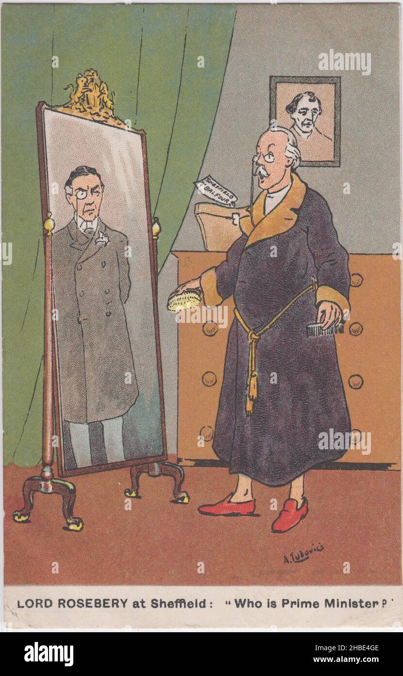 'Lord Rosebery at Sheffield: 'Who is Prime Minister?'. Cartoon showing Prime Minister Arthur Balfour in his dressing gown looking in a mirror & seeing populist Joseph Chamberlain as his reflection. A portrait of Benjamin Disraeli is on the wall. The issue of free trade versus protectionism / tariff reform split the Conservative & Unionist Party in the first decade of the 20th century. Postcard by A. Ludovici, published by Davidson Bros., and posted in 1904 Stock Photo