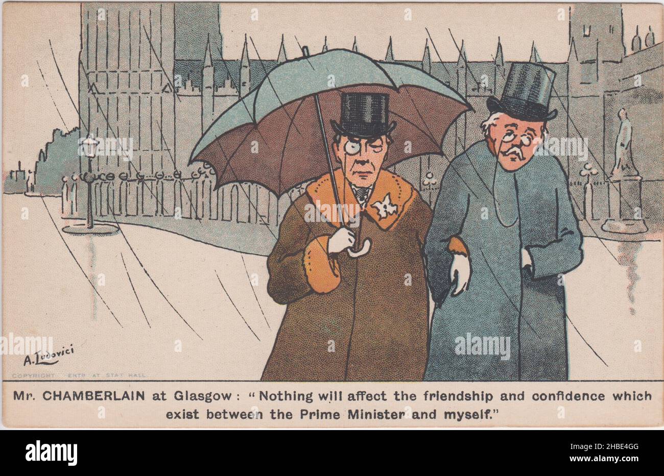 'Mr Chamberlain at Glasgow: 'Nothing will affect the friendship & confidence which exist between the Prime Minister & myself'. Cartoon showing Joseph Chamberlain & Arthur Balfour walking arm in arm in the rain outside the Houses of Parliament. The issue of free trade versus protectionism / tariff reform split the Conservative & Unionist Party in the first decade of the 20th century. Postcard by A. Ludovici, published by Davidson Bros. Stock Photo