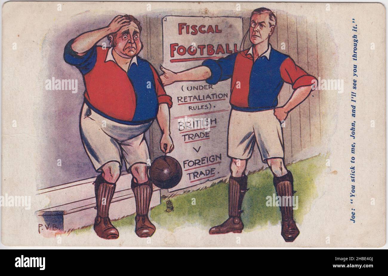 'Fiscal Football (under retaliation rules) British Trade v Foreign Trade. Joe: 'You stick to me, John, and I'll see you through it.': cartoon portraying the politician Joseph Chamberlain and John Bull as footballers representing protectionism and tariff reform against economic free trade Stock Photo