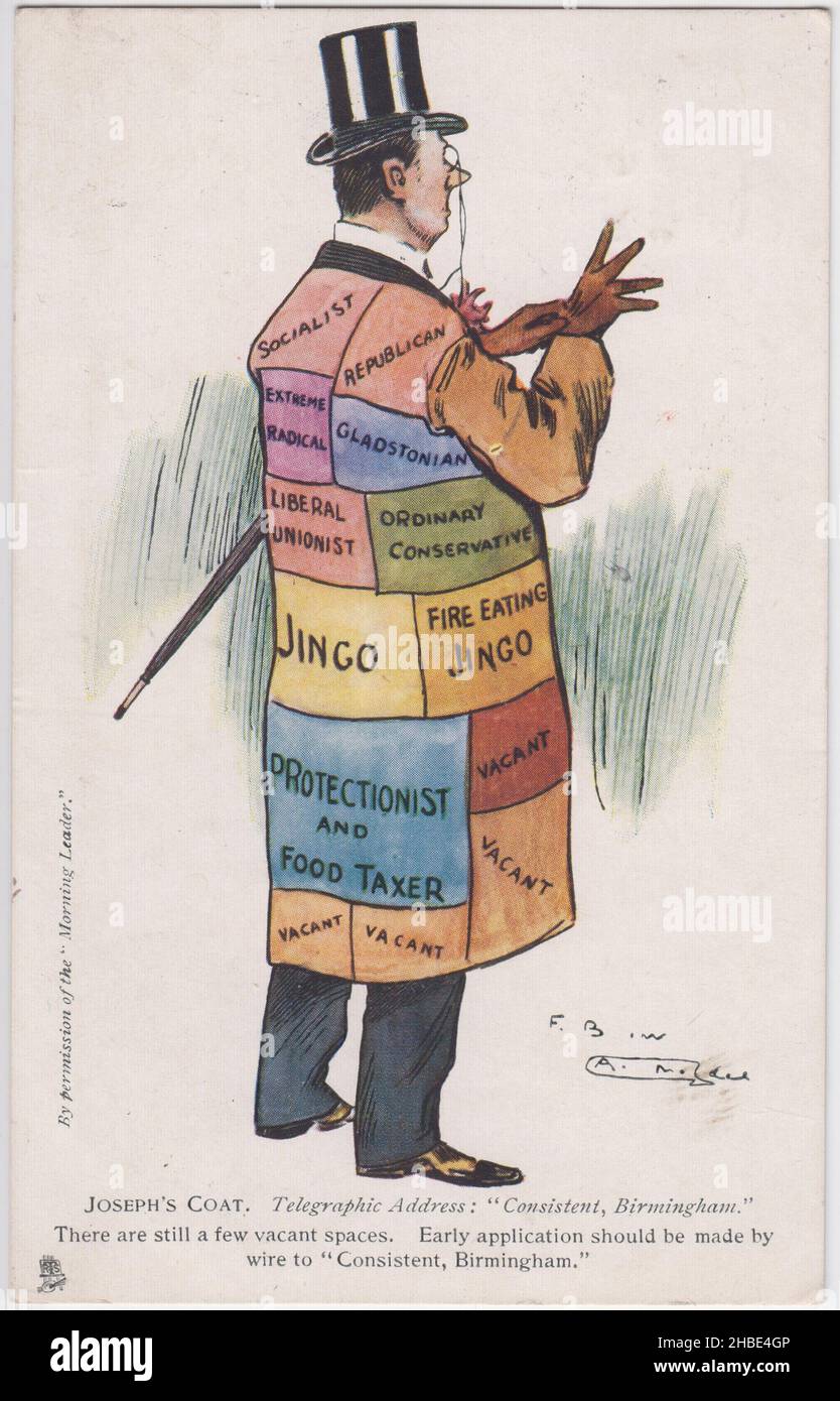 'Joseph's coat. Telegraphic address: 'Consistent, Birmingham.': satirical cartoon about the Birmingham politician Joseph Chamberlain. He is shown dressed in a coat of many colours (as well as a top hat, gloves, monocle and umbrella) and is being portrayed as an inconsistent and opportunistic political operator. The patches on his coat spell out his changing political allegiances or positions ('socialist', 'republican', 'extreme radical', Gladstonian', 'Liberal Unionist', 'ordinary Conservative', 'Jingo', 'fire eating jingo', 'Protectionist & food taxer') Stock Photo