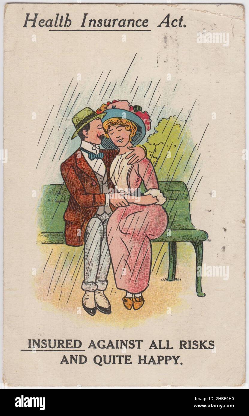 'Health Insurance Act. Insured against all risks and quite happy': cartoon of a courting couple cuddling up on a bench in the rain, safe in the knowledge that they can claim for healthcare through the new National Health Insurance Act (1911) Stock Photo
