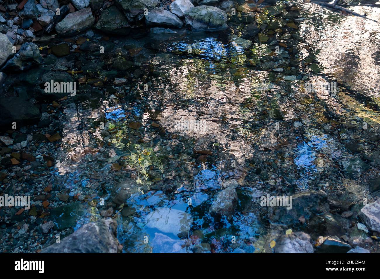 natural spring with clear water among stones in a shady forest Stock Photo