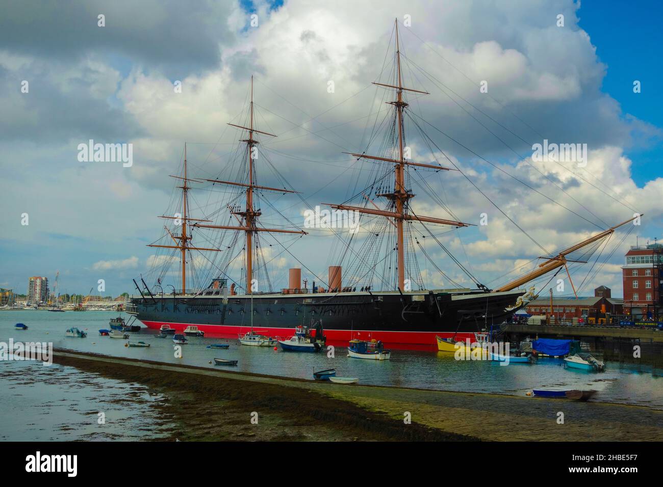 HMS Warrior is a 40-gun steam-powered armoured frigate built for the Royal Navy in 1859–1861 She was the first armour-plated, iron-hulled warships lau Stock Photo
