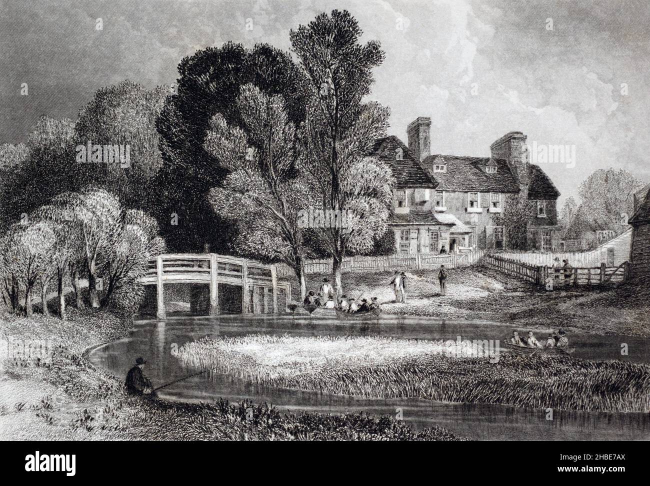 A historical view of Hillyers Bridge and Hughs ferry boat, River Lea, Essex, England, UK. Engraved by C. Mottram from a drawing by C. Marshall. C. 1840. Stock Photo