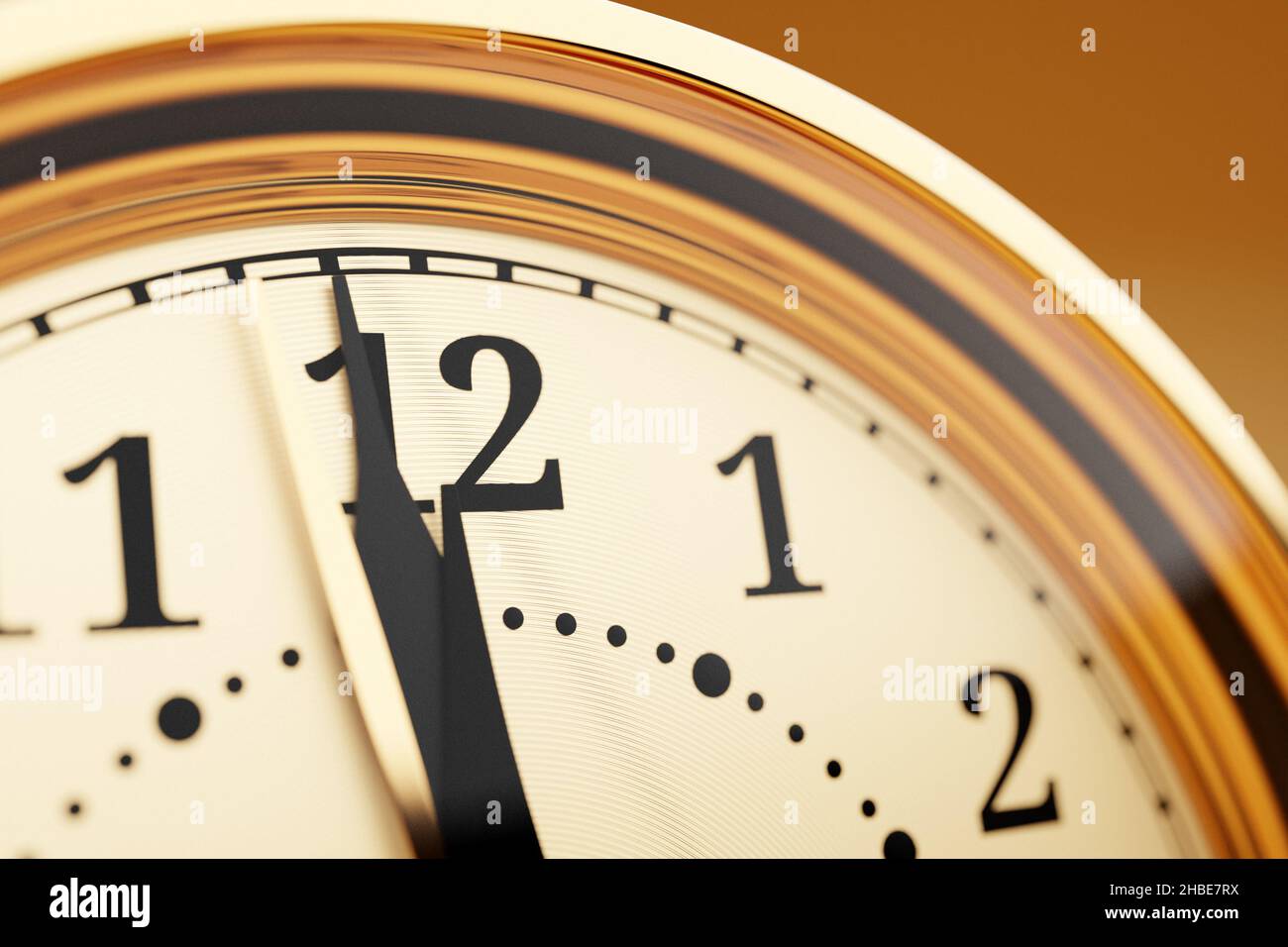 3d illustration close up of antique golden round clock on orange ...