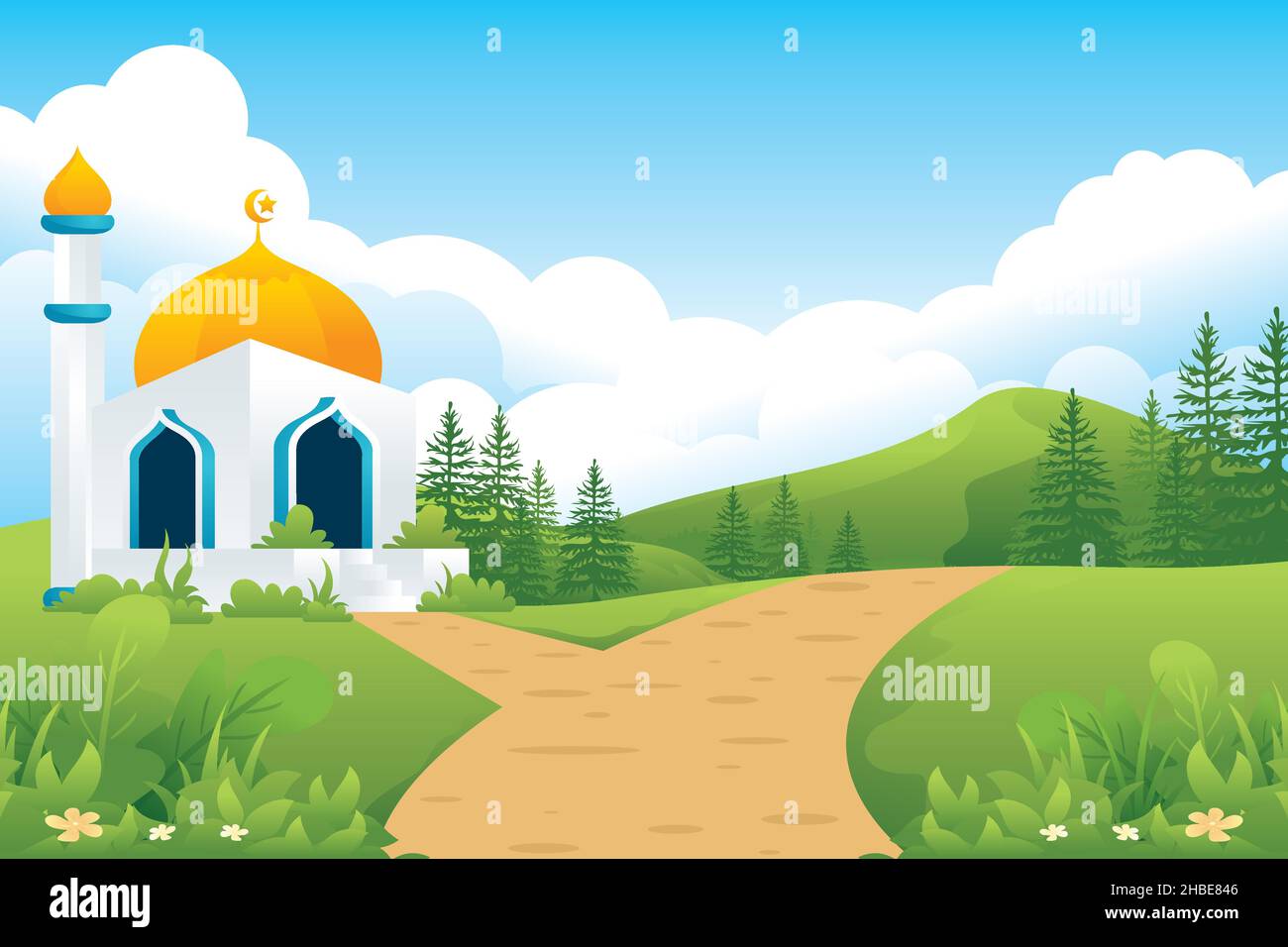 Islamic Panorama of countryside, Nature landscape with mosque, road ...