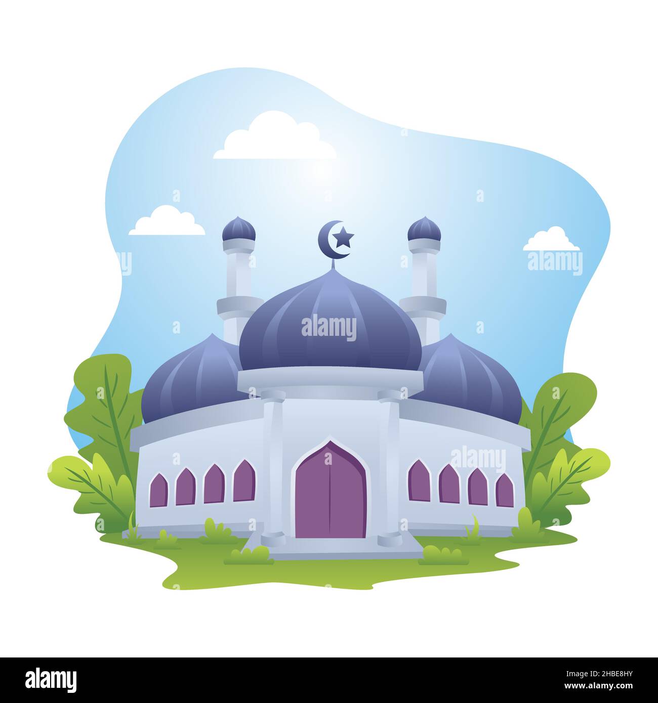 Mosque building with floral element, Ramadan Mubarak flat design illustration Stock Vector
